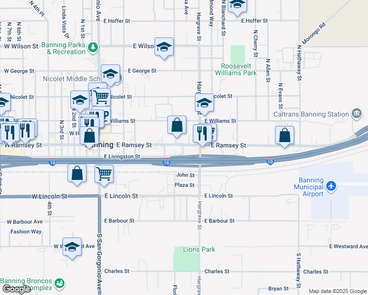map of restaurants, bars, coffee shops, grocery stores, and more near 676 East Ramsey Street in Banning