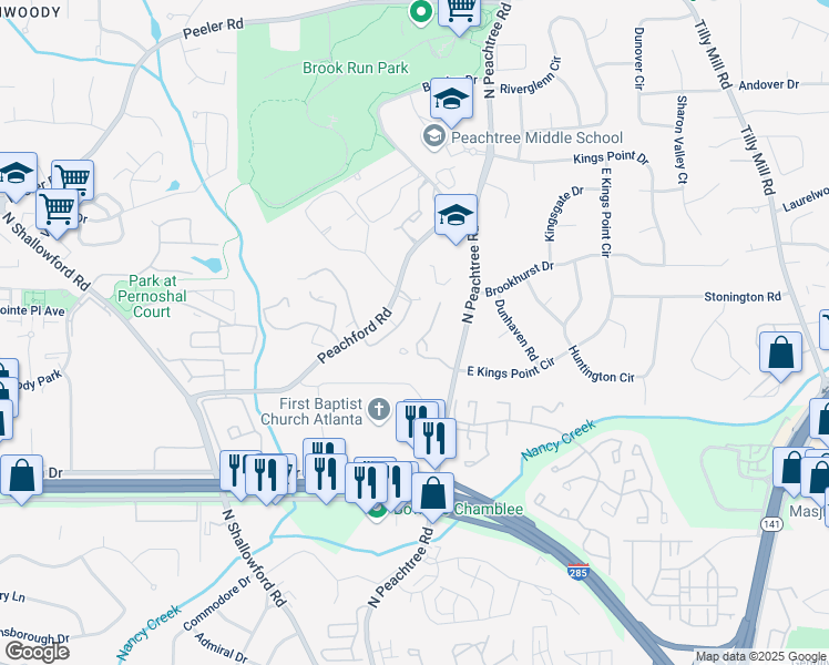 map of restaurants, bars, coffee shops, grocery stores, and more near 2135 North Forest Trail in Dunwoody