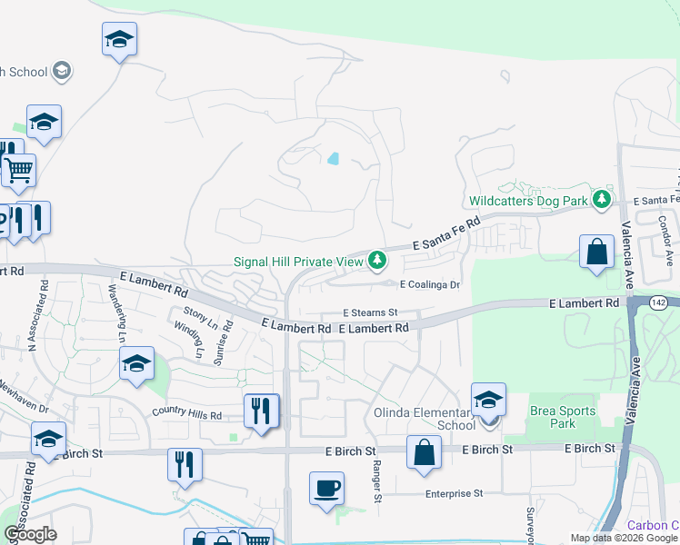 map of restaurants, bars, coffee shops, grocery stores, and more near 405 Tapia Lane in Brea