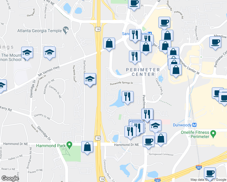 map of restaurants, bars, coffee shops, grocery stores, and more near 36 Waterford Court Northeast in Atlanta