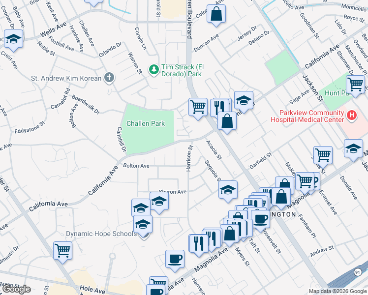 map of restaurants, bars, coffee shops, grocery stores, and more near 4264 Harrison St in Riverside