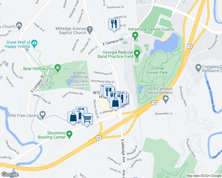 map of restaurants, bars, coffee shops, grocery stores, and more near 584 Woodland Hills Drive in Athens