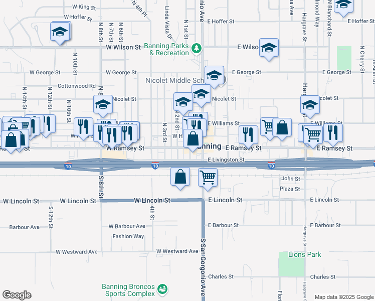 map of restaurants, bars, coffee shops, grocery stores, and more near 166A West Ramsey Street in Banning