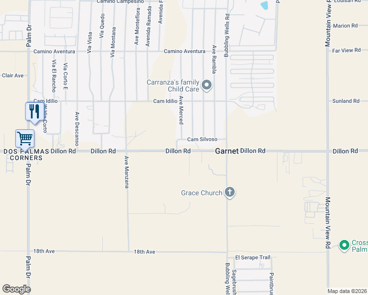map of restaurants, bars, coffee shops, grocery stores, and more near 7280 Dillon Road in Desert Hot Springs