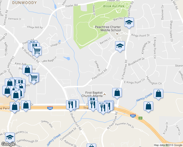 map of restaurants, bars, coffee shops, grocery stores, and more near 4410 Chowning Way in Dunwoody