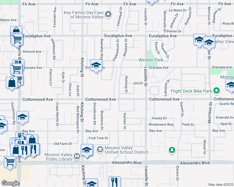 map of restaurants, bars, coffee shops, grocery stores, and more near 13461 Ninebark Street in Moreno Valley