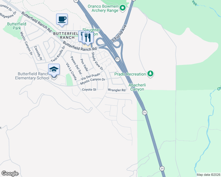 map of restaurants, bars, coffee shops, grocery stores, and more near 6678 Wrangler Road in Chino Hills
