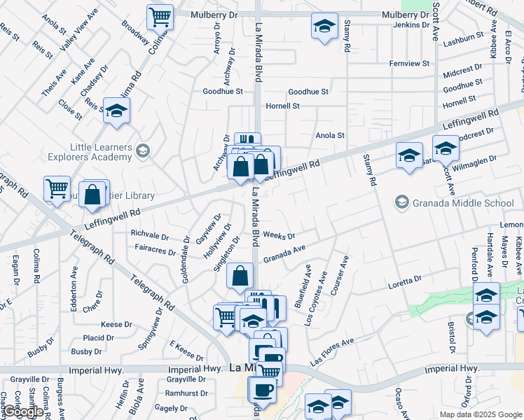 map of restaurants, bars, coffee shops, grocery stores, and more near 11628 La Mirada Boulevard in La Mirada