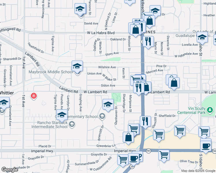 map of restaurants, bars, coffee shops, grocery stores, and more near 2420 Sidon Avenue in La Habra