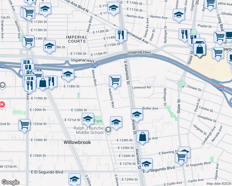 map of restaurants, bars, coffee shops, grocery stores, and more near 12624 South Mona Boulevard in Compton