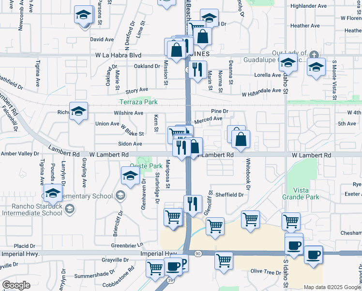 map of restaurants, bars, coffee shops, grocery stores, and more near 643 South Beach Boulevard in La Habra