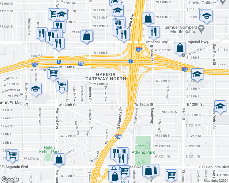 map of restaurants, bars, coffee shops, grocery stores, and more near 525 West 119th Street in Los Angeles