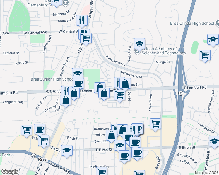 map of restaurants, bars, coffee shops, grocery stores, and more near 345 Meadow Court in Brea