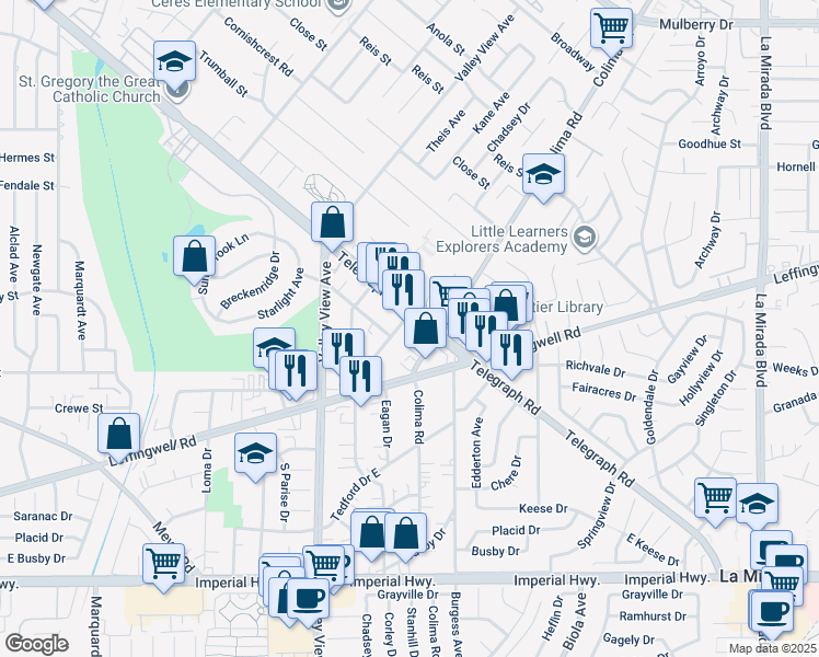 map of restaurants, bars, coffee shops, grocery stores, and more near 11616 Corley Drive in Whittier