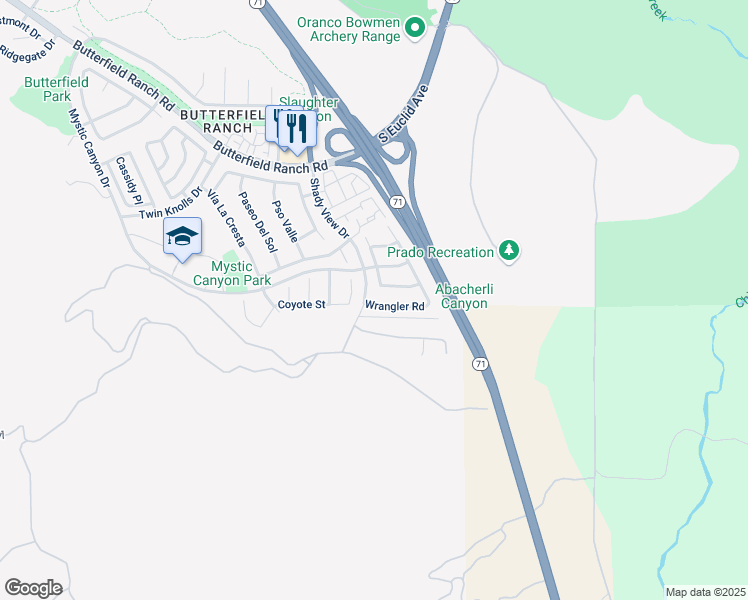 map of restaurants, bars, coffee shops, grocery stores, and more near 6678 Wrangler Road in Chino Hills