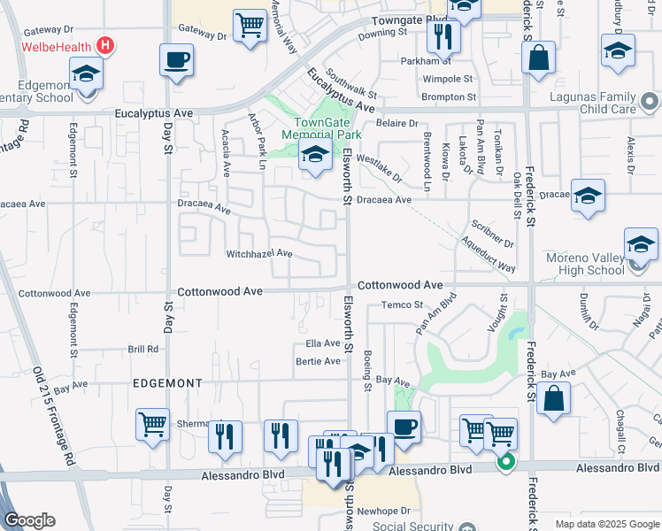 map of restaurants, bars, coffee shops, grocery stores, and more near 13451 Hawthorn Avenue in Moreno Valley