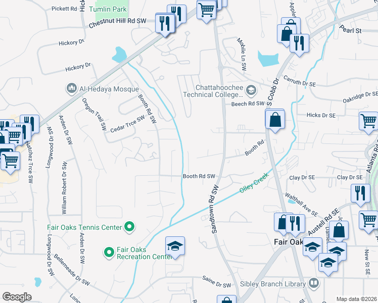 map of restaurants, bars, coffee shops, grocery stores, and more near 1100 Booth Court Southwest in Marietta