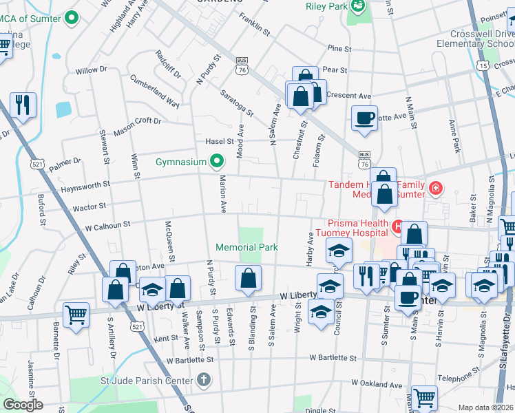 map of restaurants, bars, coffee shops, grocery stores, and more near 321 West Calhoun Street in Sumter