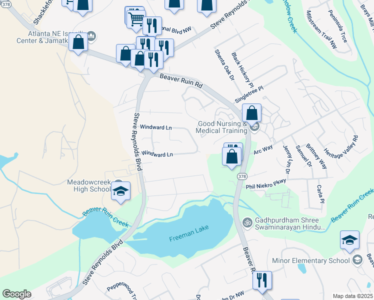 map of restaurants, bars, coffee shops, grocery stores, and more near 4264 Windward Lane in Norcross