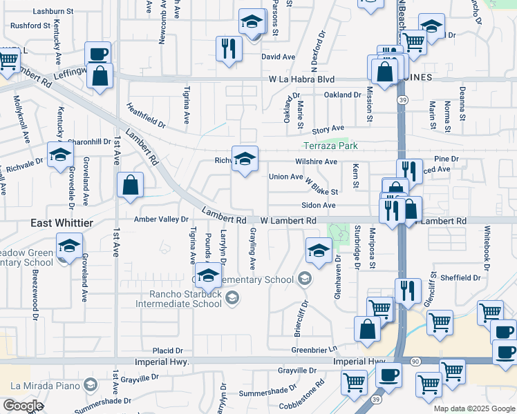 map of restaurants, bars, coffee shops, grocery stores, and more near 621 Wall Street in La Habra