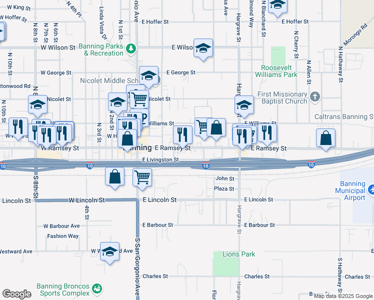 map of restaurants, bars, coffee shops, grocery stores, and more near 390 East Ramsey Street in Banning