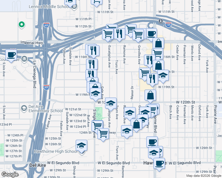 map of restaurants, bars, coffee shops, grocery stores, and more near 11916 Eucalyptus Avenue in Hawthorne