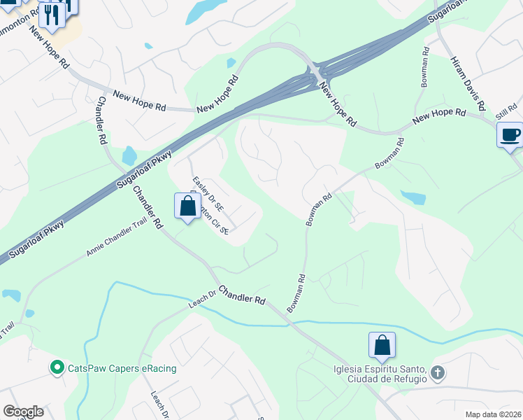 map of restaurants, bars, coffee shops, grocery stores, and more near 746 Donington Circle Southeast in Lawrenceville