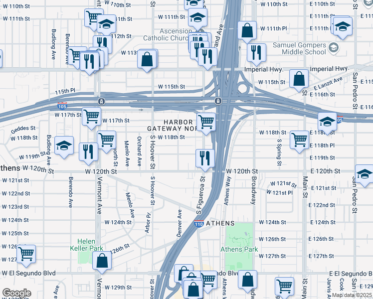 map of restaurants, bars, coffee shops, grocery stores, and more near 541 West 119th Street in Los Angeles