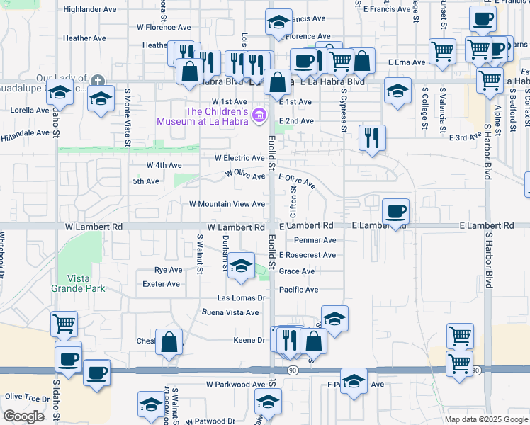 map of restaurants, bars, coffee shops, grocery stores, and more near 601 South Euclid Street in La Habra