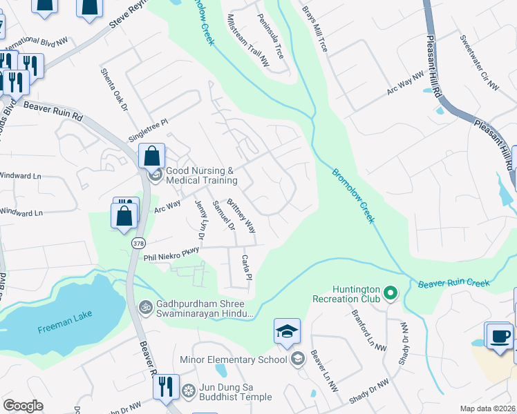 map of restaurants, bars, coffee shops, grocery stores, and more near 4010 Liberty Hill Drive in Norcross