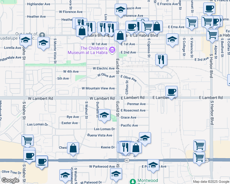 map of restaurants, bars, coffee shops, grocery stores, and more near 601 South Euclid Street in La Habra