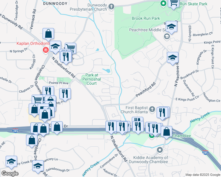 map of restaurants, bars, coffee shops, grocery stores, and more near 2251 Pernoshal Court in Dunwoody