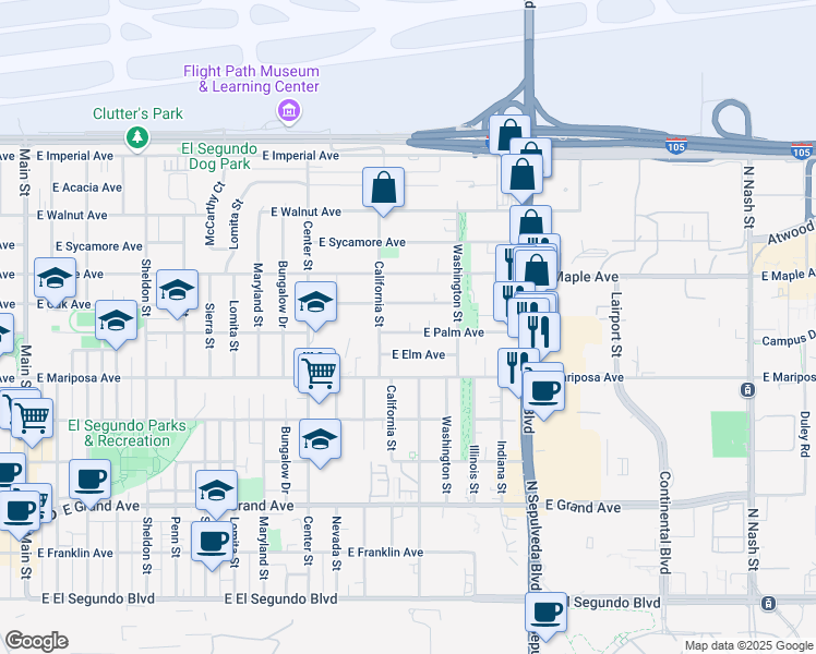 map of restaurants, bars, coffee shops, grocery stores, and more near 1457 East Palm Avenue in El Segundo