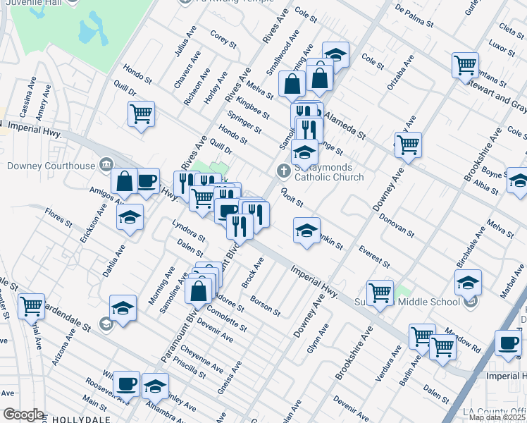 map of restaurants, bars, coffee shops, grocery stores, and more near 12450 Paramount Boulevard in Downey