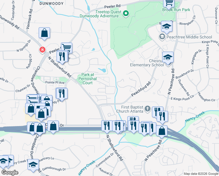 map of restaurants, bars, coffee shops, grocery stores, and more near 2257 Pernoshal Court in Dunwoody