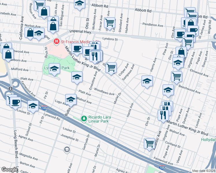 map of restaurants, bars, coffee shops, grocery stores, and more near 11325 Cornish Avenue in Lynwood