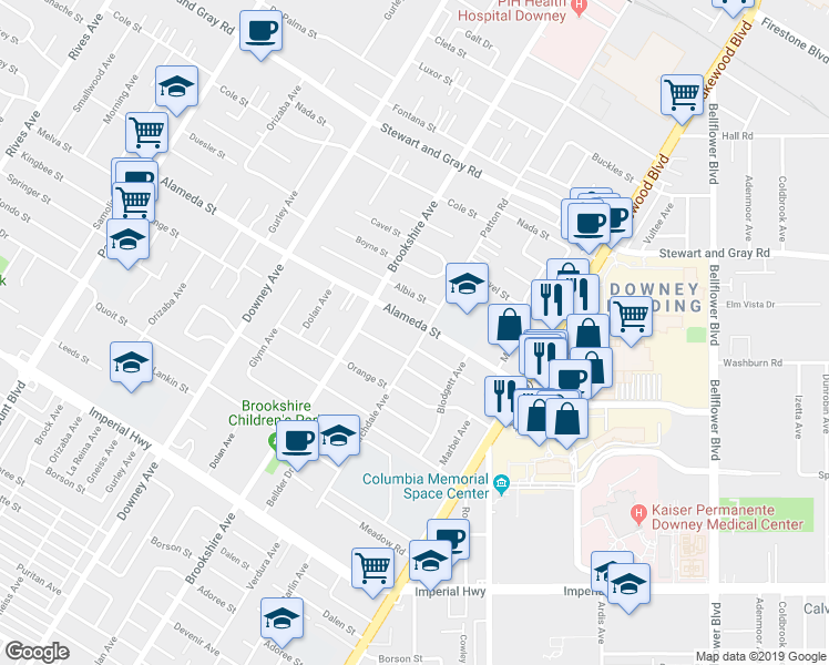 map of restaurants, bars, coffee shops, grocery stores, and more near 8558 Alameda Street in Downey