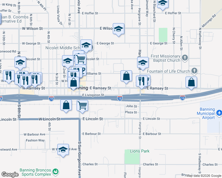 map of restaurants, bars, coffee shops, grocery stores, and more near 422 East Ramsey Street in Banning