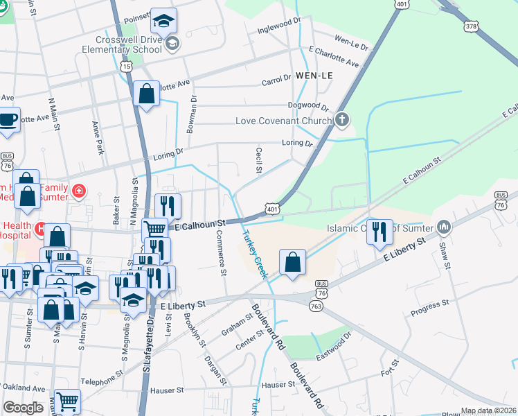 map of restaurants, bars, coffee shops, grocery stores, and more near 409 East Calhoun Street in Sumter