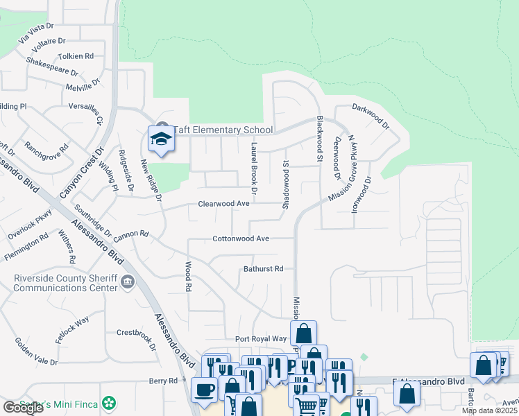 map of restaurants, bars, coffee shops, grocery stores, and more near 249 Clearwood Avenue in Riverside