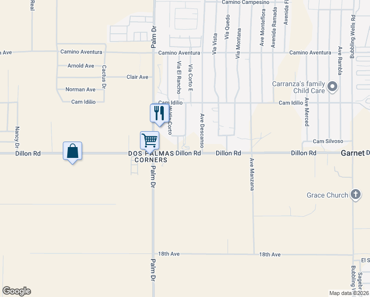 map of restaurants, bars, coffee shops, grocery stores, and more near 16991 Vía Corto East in Desert Hot Springs