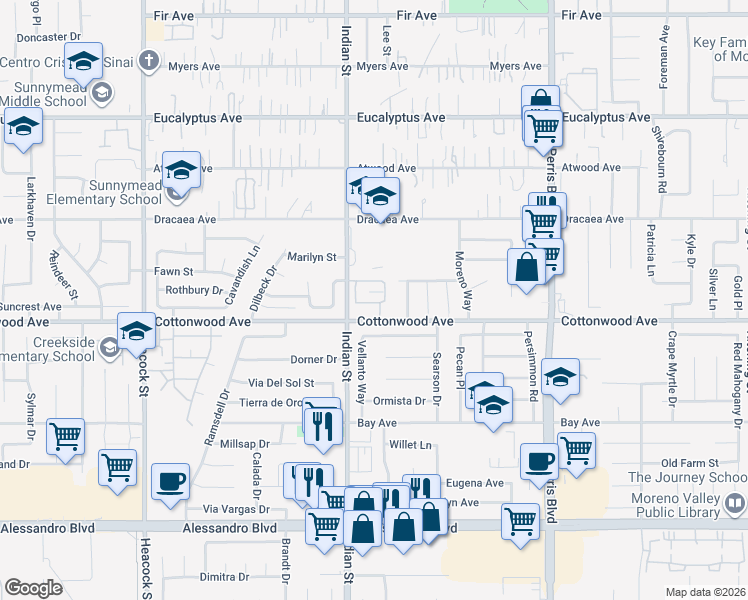 map of restaurants, bars, coffee shops, grocery stores, and more near 13427 Jo Ann Street in Moreno Valley