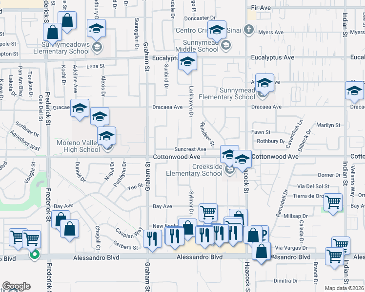 map of restaurants, bars, coffee shops, grocery stores, and more near 13434 Larkhaven Drive in Moreno Valley
