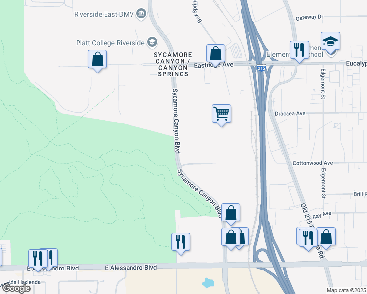 map of restaurants, bars, coffee shops, grocery stores, and more near 6920 Sycamore Canyon Boulevard in Riverside