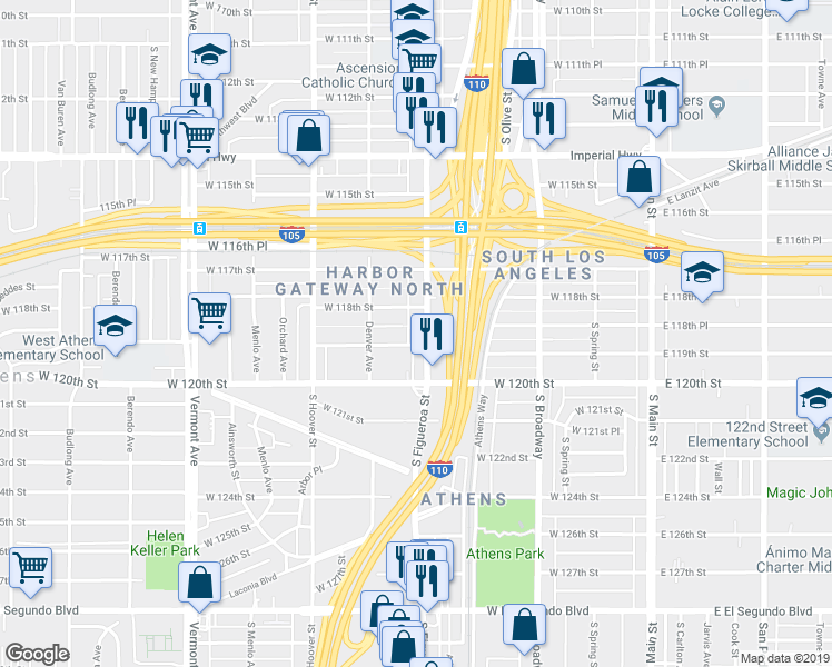 map of restaurants, bars, coffee shops, grocery stores, and more near 11850 South Figueroa Street in Los Angeles