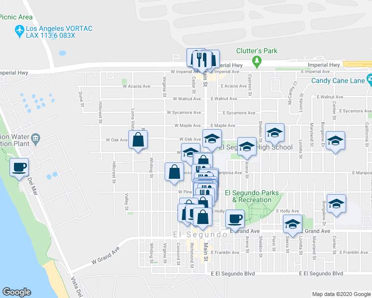 map of restaurants, bars, coffee shops, grocery stores, and more near 201 West Palm Avenue in El Segundo