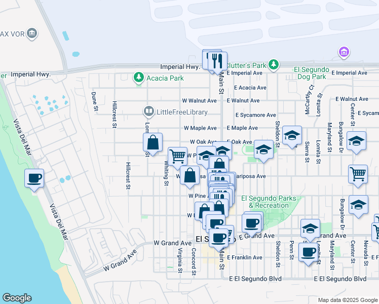 map of restaurants, bars, coffee shops, grocery stores, and more near 712 Virginia Street in El Segundo