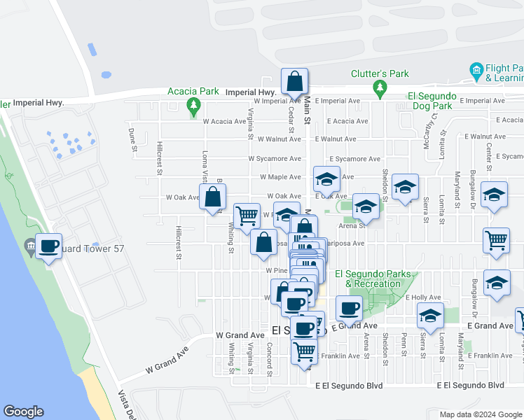 map of restaurants, bars, coffee shops, grocery stores, and more near 712 Virginia Street in El Segundo