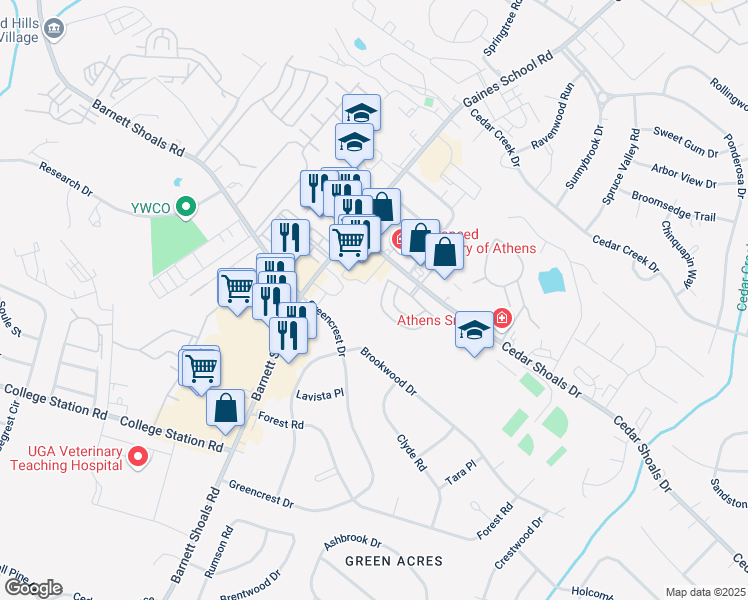 map of restaurants, bars, coffee shops, grocery stores, and more near 1055 Gaines School Road in Athens