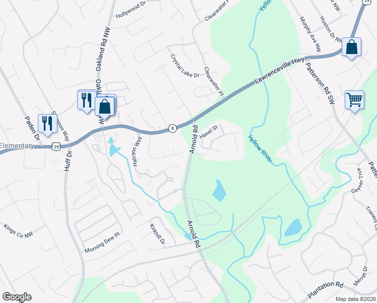 map of restaurants, bars, coffee shops, grocery stores, and more near 2230 Arnold Mill Road Northwest in Lawrenceville